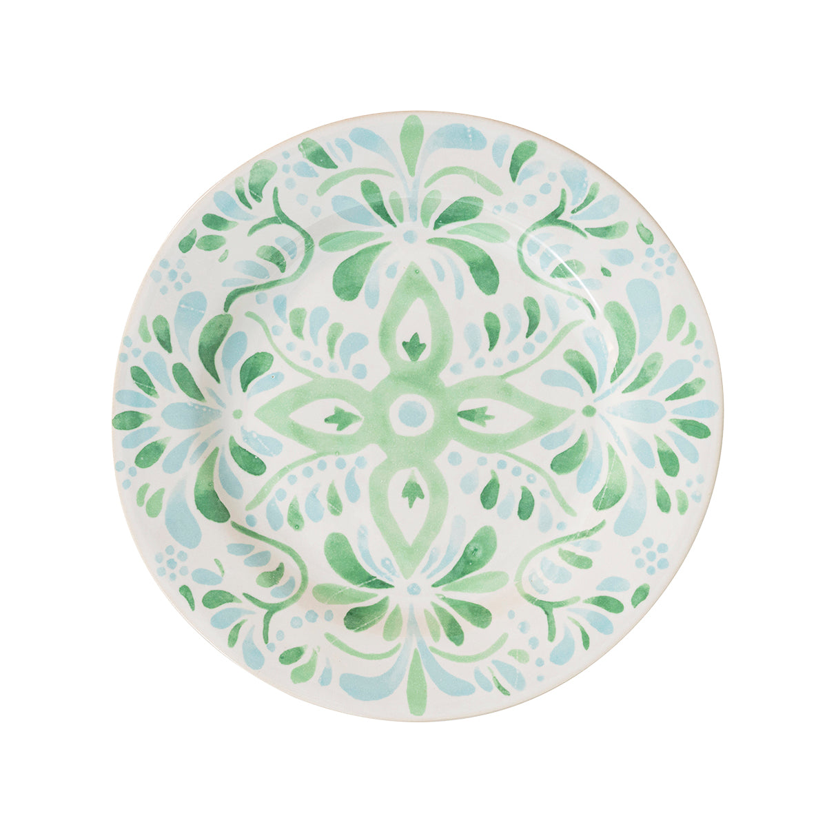 The beguiling pattern of this dessert/side plate was inspired by the intricately painted tiles we found on an escapade to the Iberian Coast and makes an eye-catching accent piece for tablesettings. Featuring a verdant palette of soft sage and sky-blue hues that are both refreshing and soothing - you will want to use this gorgeous green plate for everything from tapas to olive oil cake. 